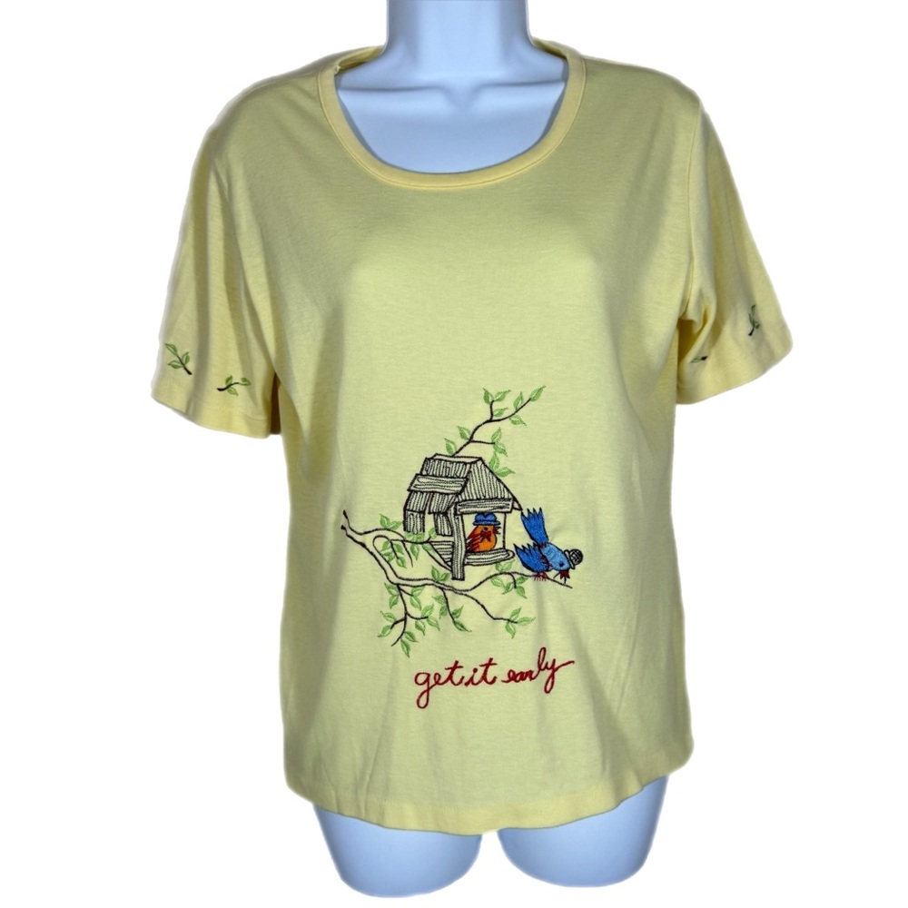 Vintage 70’s Butter Yellow Hi Fashion Hobo Embroidered Short Sleeve Top M Birds